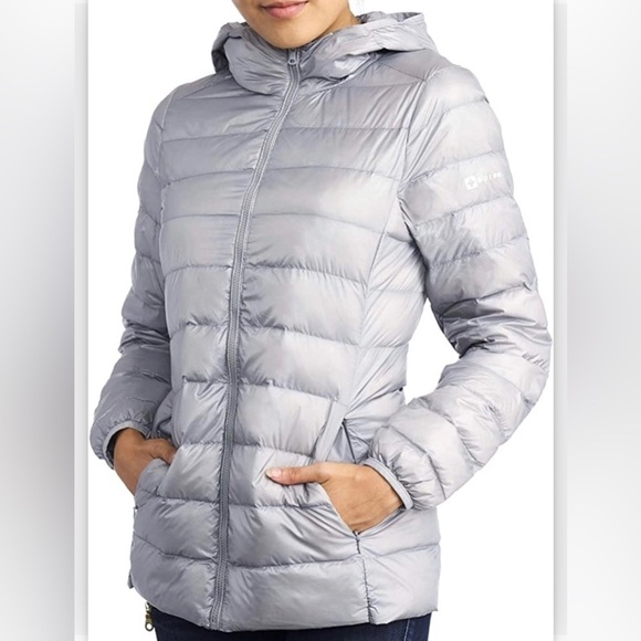 Alpine Swiss Eva Hooded Puffer Jacket Grey Down L 470 - Picture 1 of 8
